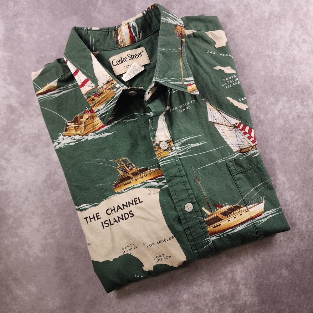 Cooke Street XL Green Cotton Channel Islands Sailboat Map Hawaiian Shirt Mens